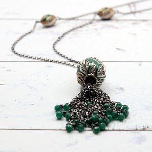 VINTAGE ENAMEL PEAR PENDANT NECKLACE WITH FRINGE